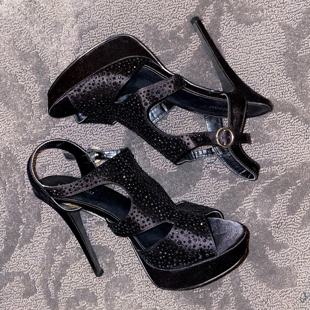 Le Chateau Black Satin Crystal Platform Heels